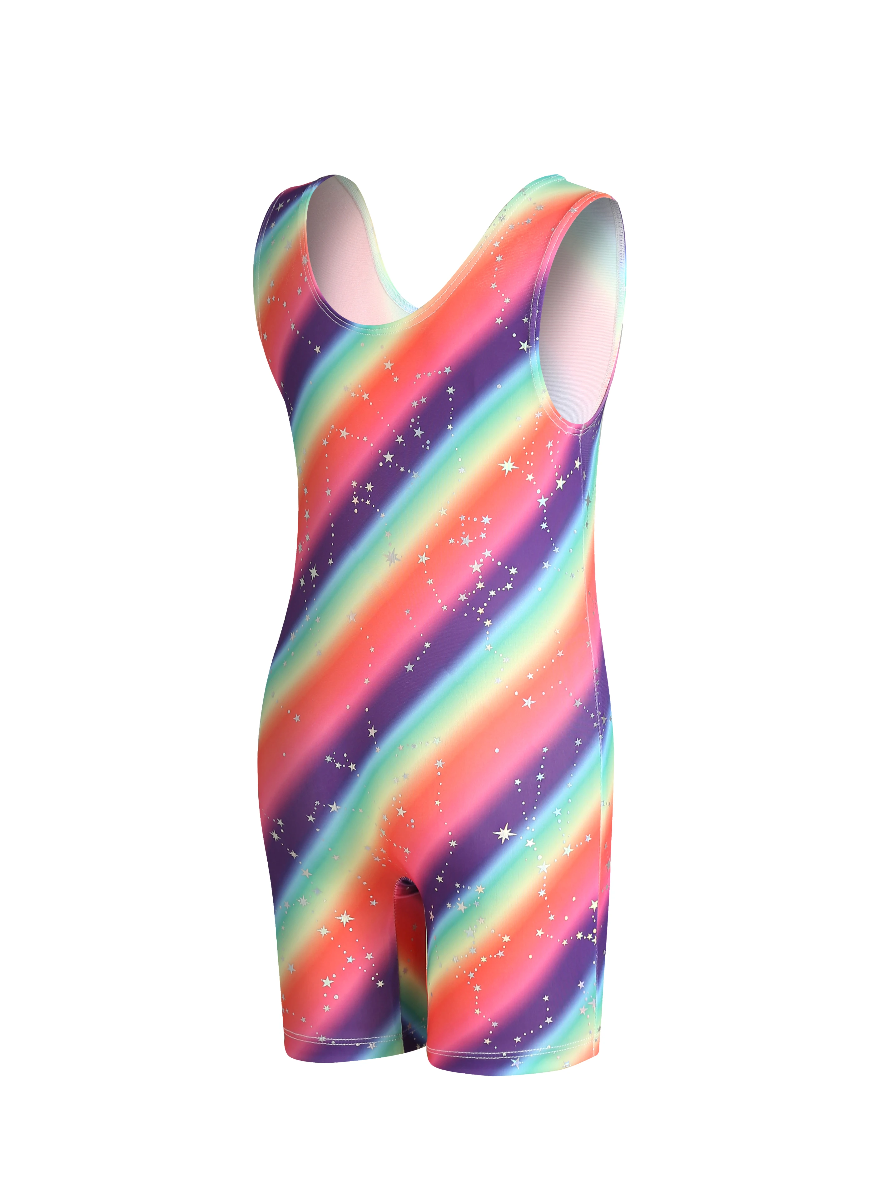 Body senza maniche sfumato scintillante per ragazza body per bambini con stampa a stella arcobaleno body per bambini ginnastica abbigliamento sportivo da ballo