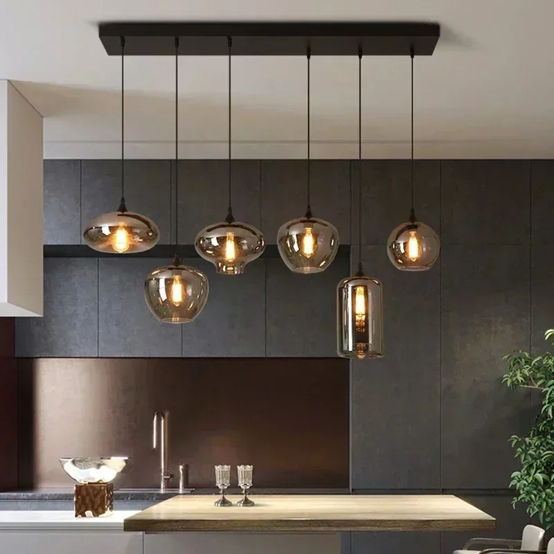 Modern Ceiling Chandelier LED Lighting Smoke Grey Glass Applicable To Dining Table Kitchen Lamp Living Room Home Decoration