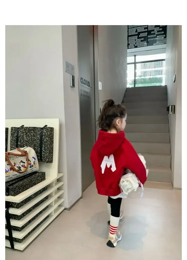 Girls Hoodies Children 2024 New Autumn and Winter Clothing Plus Fleece Hoodie Girls Fashion Bright Red Casual Hooded Top