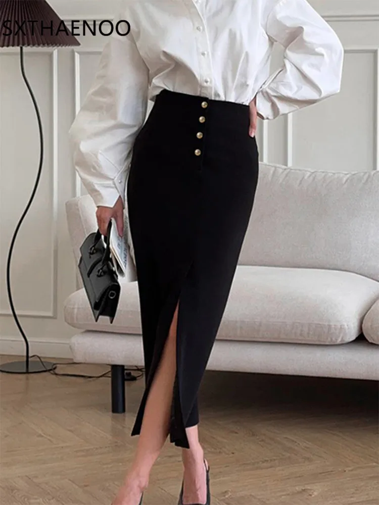 

SXTHAENOO 2025 WOMAN Winter New Fashion Lazy Wind Midi Skirt Chic Front Split All-match Button Emblazoned Slim Fit Skirt Mujer