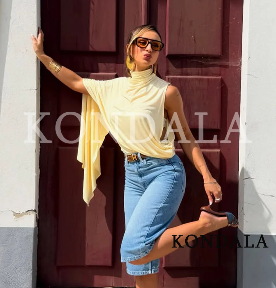KONDALA Elegantes gelbes One-Shoulder-Oberteil für Damen, Rollkragen, asymmetrisches Top, Hemden, Frühling/Sommer 2026, trendiges Freizeit-Top