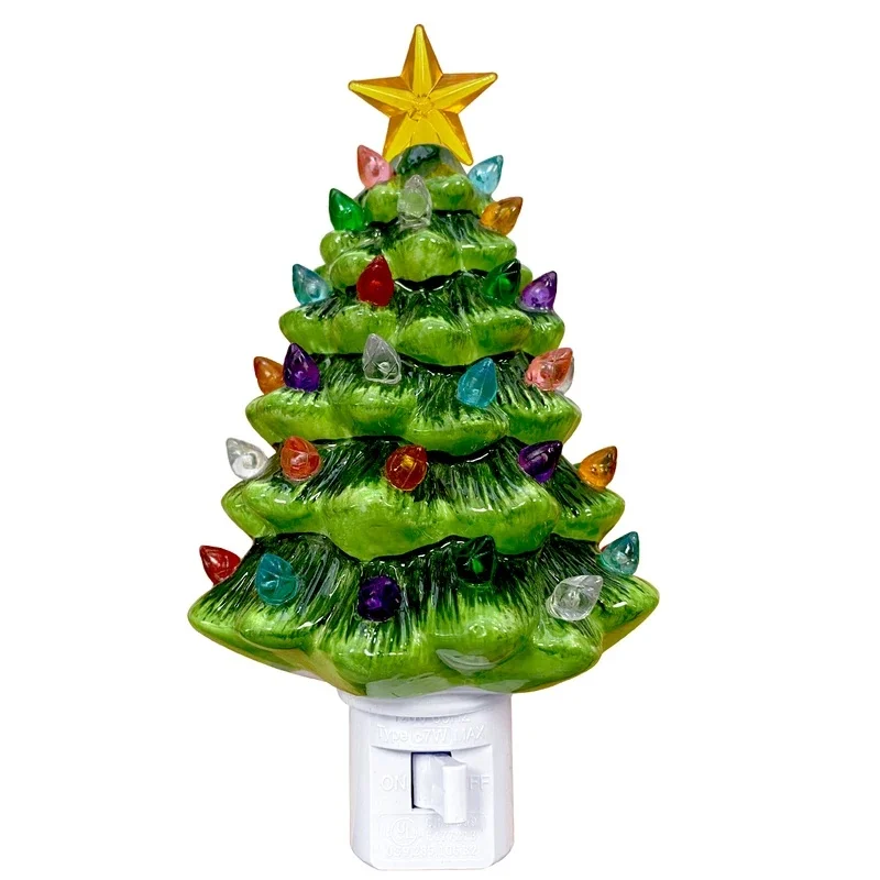 Plugin Christmas Tree Night Light, Green Christmas Tree Lights, Vintage Hand Painted Hallway Nightlight