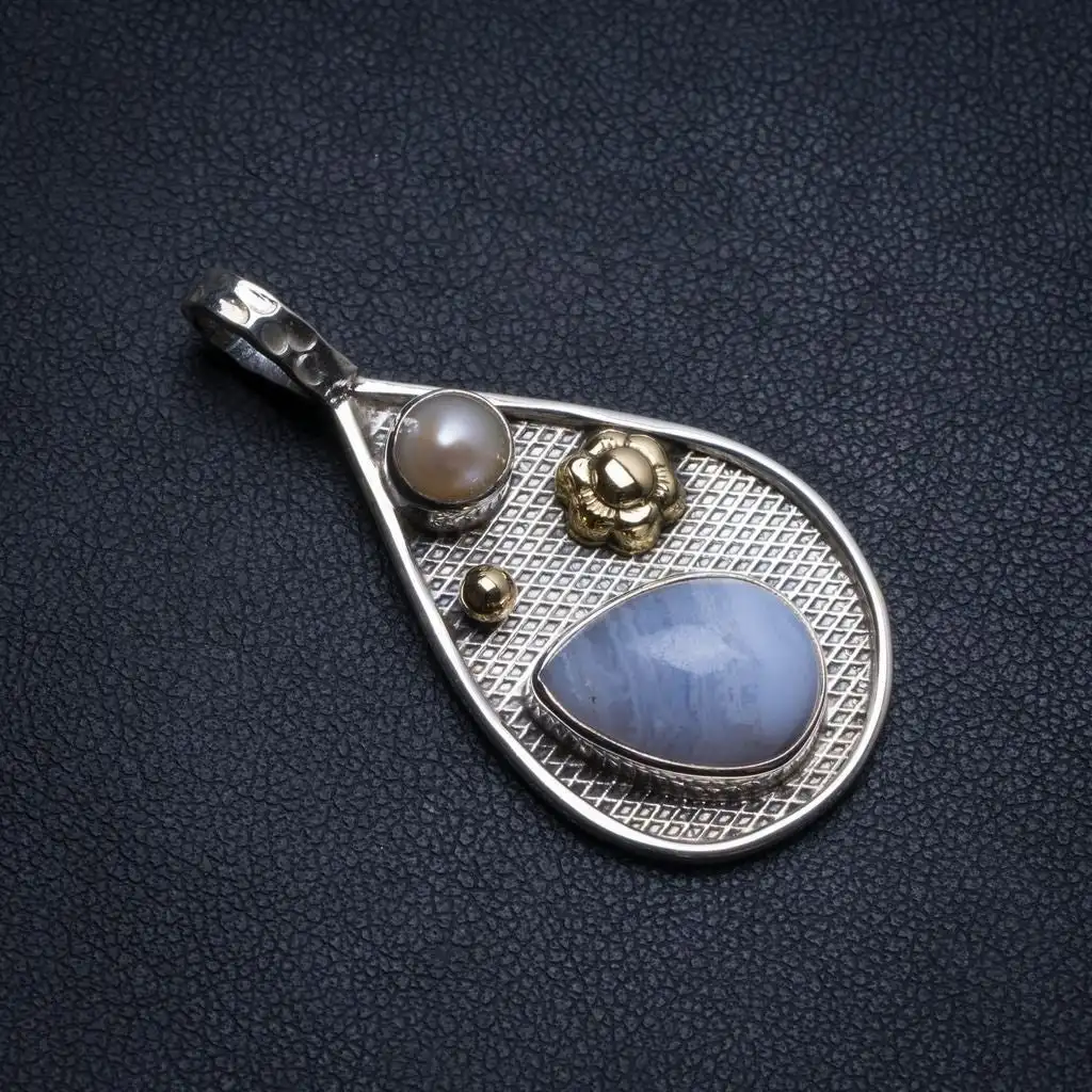 StarGems Two Tones Blue Lace Agate and River Pearl Vintage 925Sterling Silver Pendant 1 3/4