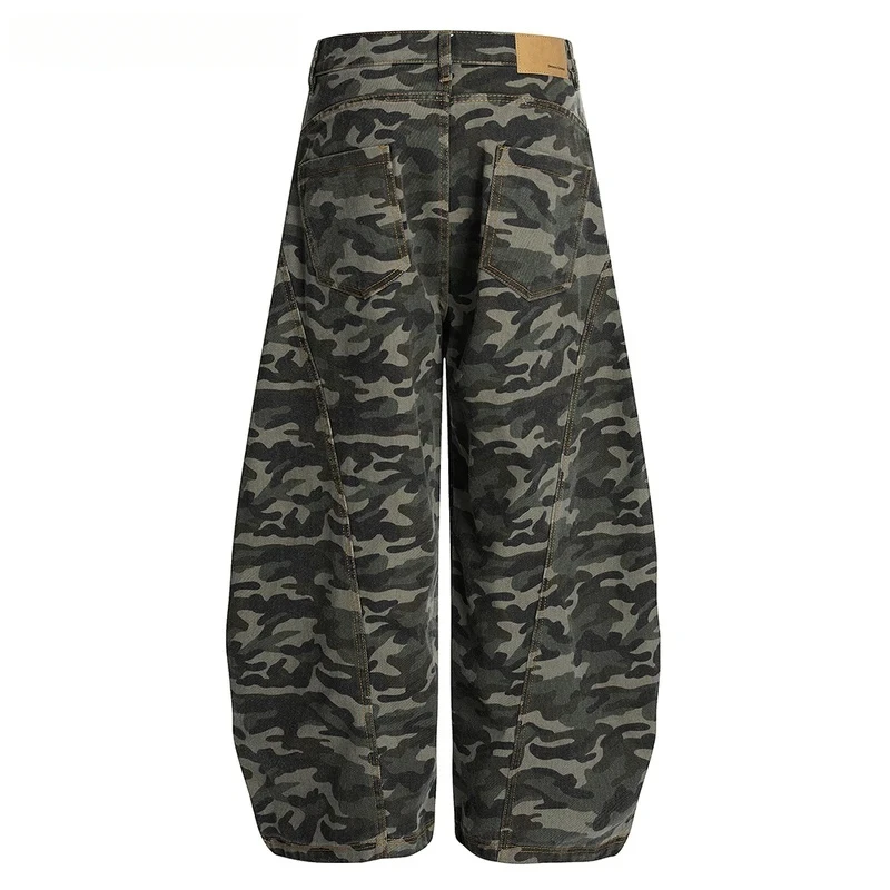 【Mirrordust】Camuflagem cimitarra exército verde calças dos homens emendados retro high street solto perna larga denim calças ao ar livre homem