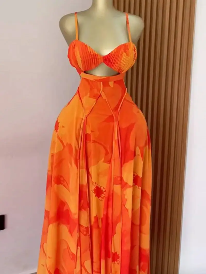 Frauen Floral Bedruckte Strap Backless Bh Vorne Große Schaukel Maxi Langes Kleid Vintage Sexy Club Party Abendkleider EWQ5