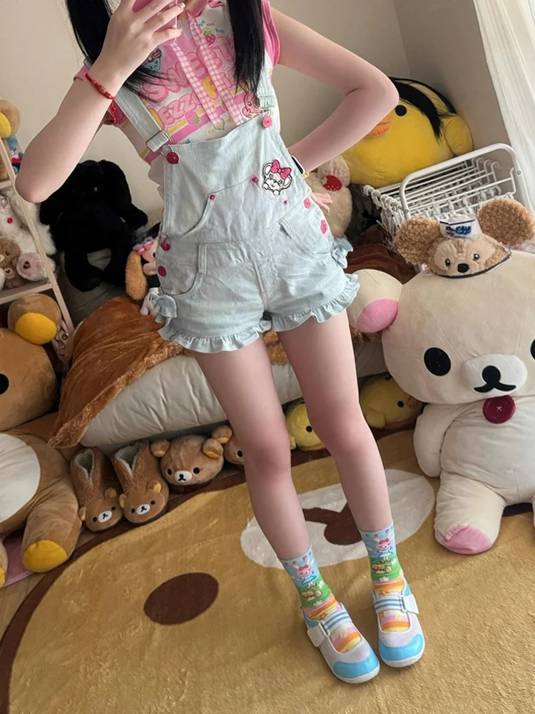 American High Street Design Ruffle Lace Denim Shorts Women's Fashion Cartoon Embroidery Strap High Waist Loose Fit Jeans
