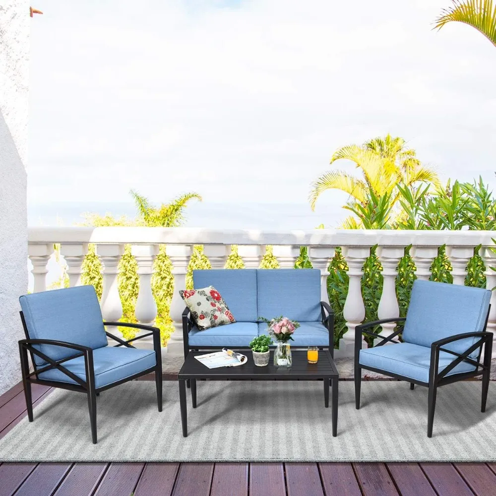 Outdoor Aluminium Patio Conversation Set, Outdoor Patio Sofa Set 1 Two-seater, 2 Single Sofas, 1 Coffee Table, Padded