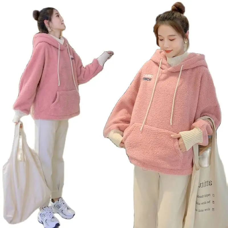 

Maternity Berber Fleece Hoodie Turtle Neck High Waist Big Belly Woolen Pants for Pregnant Women