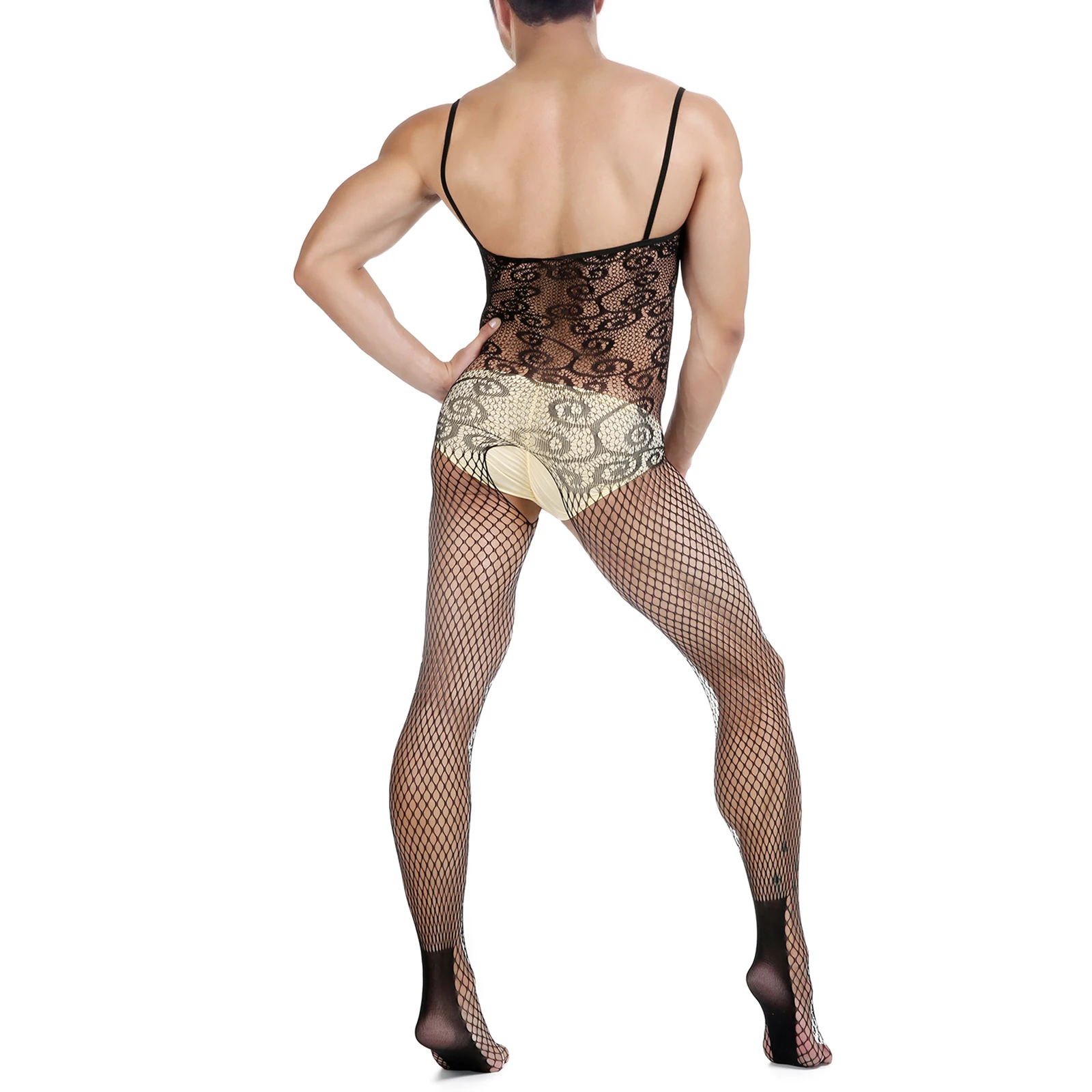 مثير الرجال بذلة شبكة صيد السمك الملابس الداخلية جوارب طويلة السباغيتي ارتداءها كروسدريس الدانتيل Crotchless الأرداف جوارب
