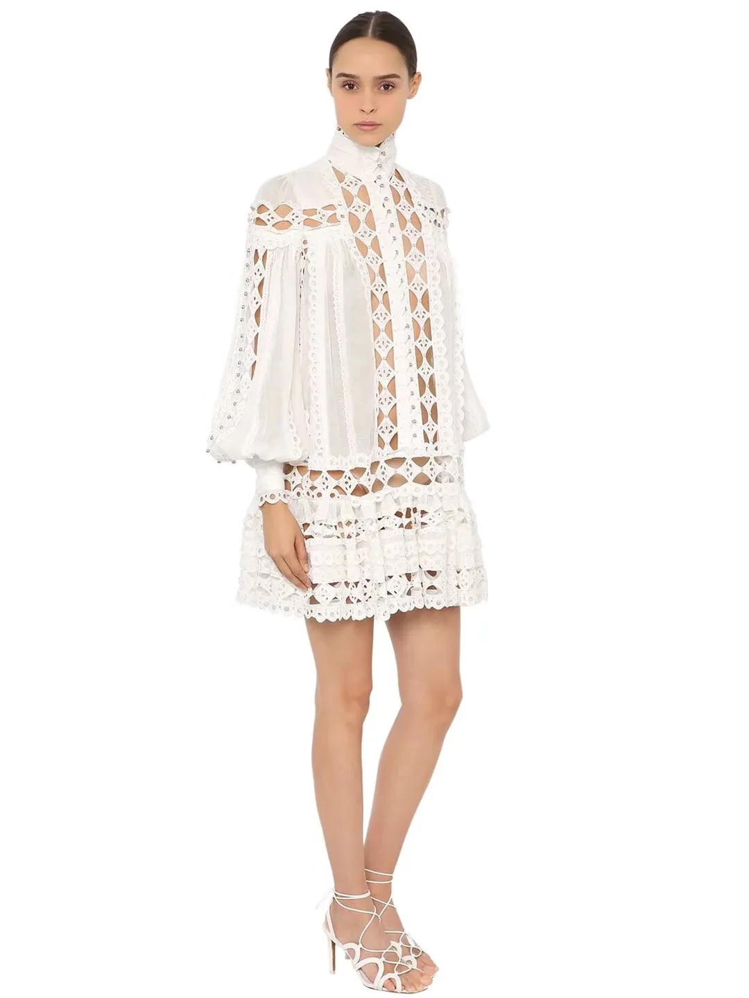 

2025 High Quality Linen Silk Summer New White Long Sleeve Embroidery Beading Cut Out Mini Women Dress