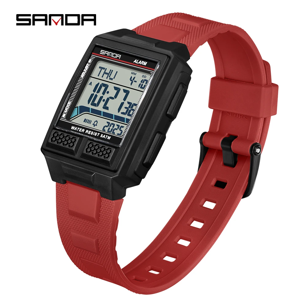 

Мужские электронные часы Sanda Fashion, водонепроницаемые, 5ATM, с ночной подсветкой, таймером обратного отсчета, секундомером, будильником, квадратный циферблат -1