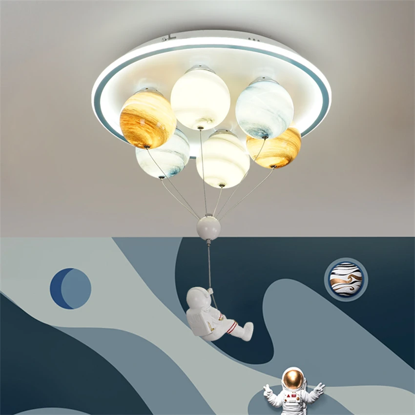

Круглые потолочные светильники с астронавтом и планетой, светильник для детской комнаты, спальни, скандинавский мультяшный светильник для гостиной, светодиодный светильник с затемнением, потолочный светильник, освещение
