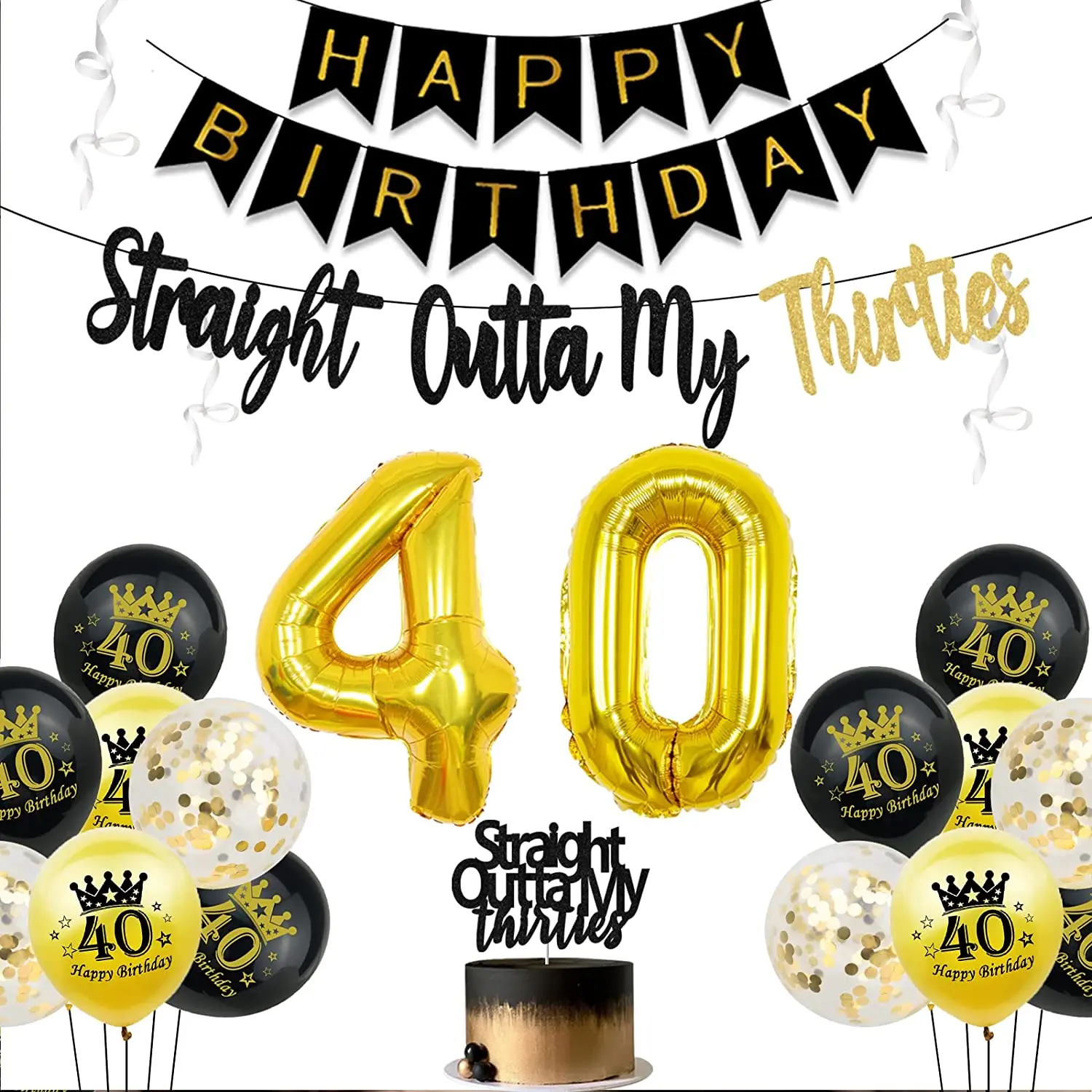 40th Birthday Decorations for Men Black Gold Straight Outta My Thirties Banner Number 40 Balloons 40th Birthday Party Supplies