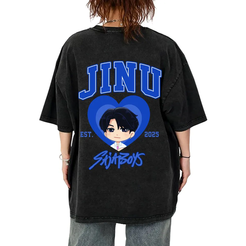 

Kpop Demon Hunters Saja Boys Washed T-shirt Men Women Cartoon Fashion Trend Streetwear Male Casual Cotton Oversized Short Sleeve