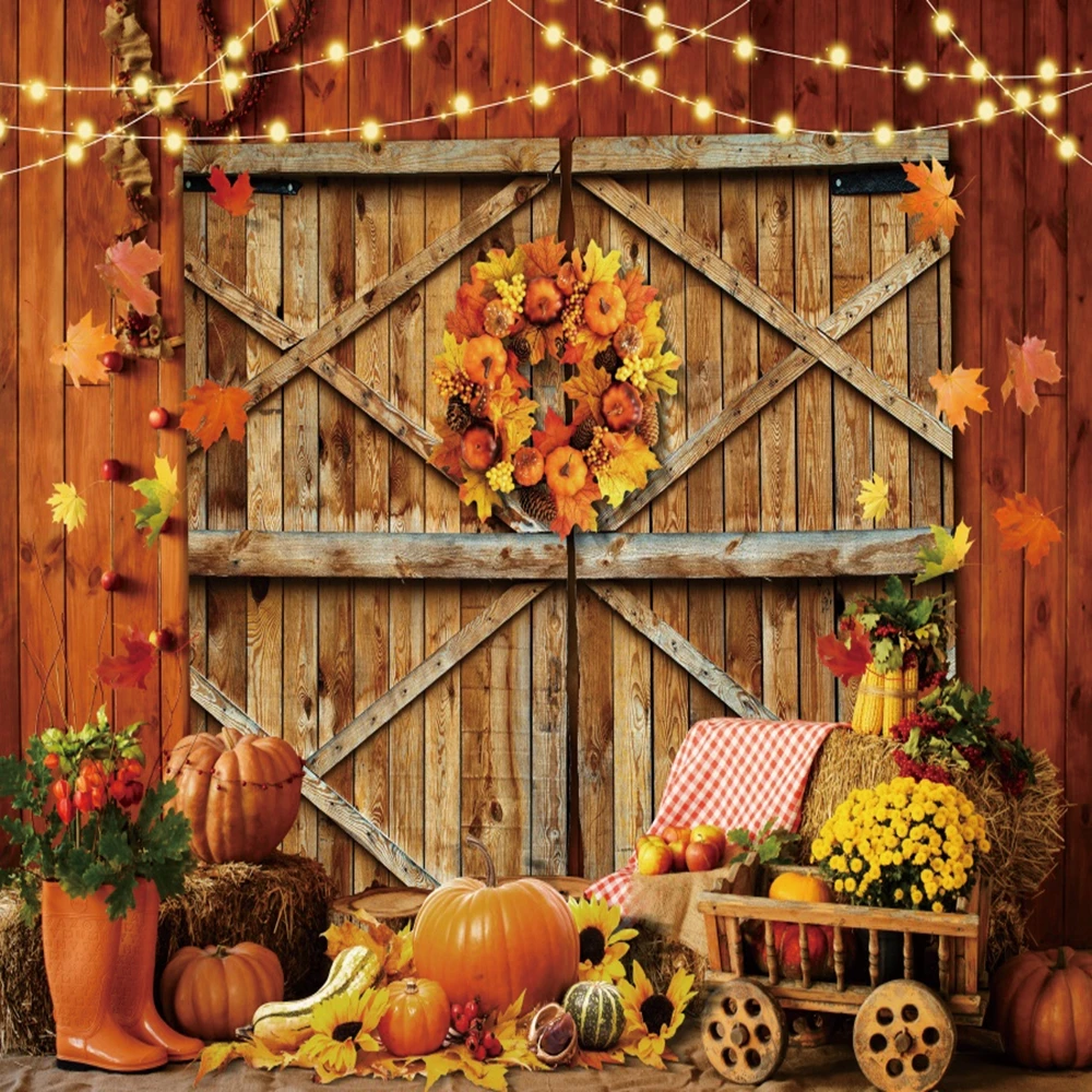 Осенний фон деревянный сарай дверь тыквы блестящие огни кленовые листья стог сена День Рождения Вечеринка ребенок портрет фотография фон