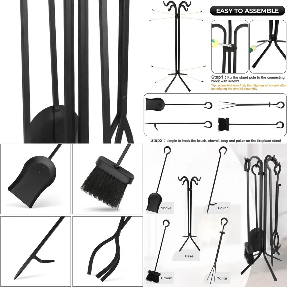 

Sturdy 5-Piece Black Fireplace Tool Set, Perfect for Indoor and Outdoor, Ultimate Holiday Housewarming Gift