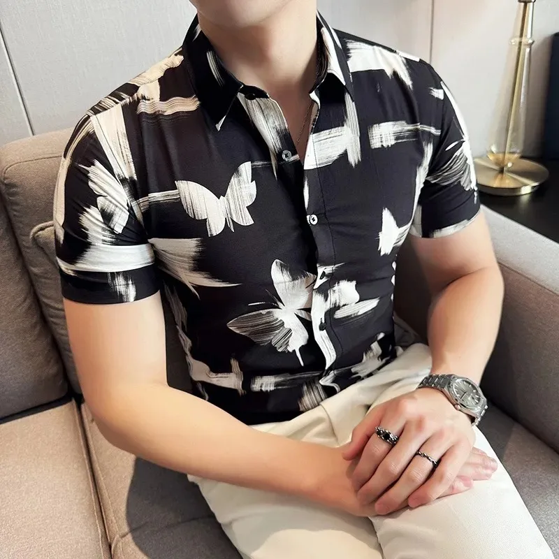 

Summer Men's Casual Slim Fit Shirts High-quality Butterfly Print Short Sleeve Shirt Social Business Blouse Brand Men Clothing