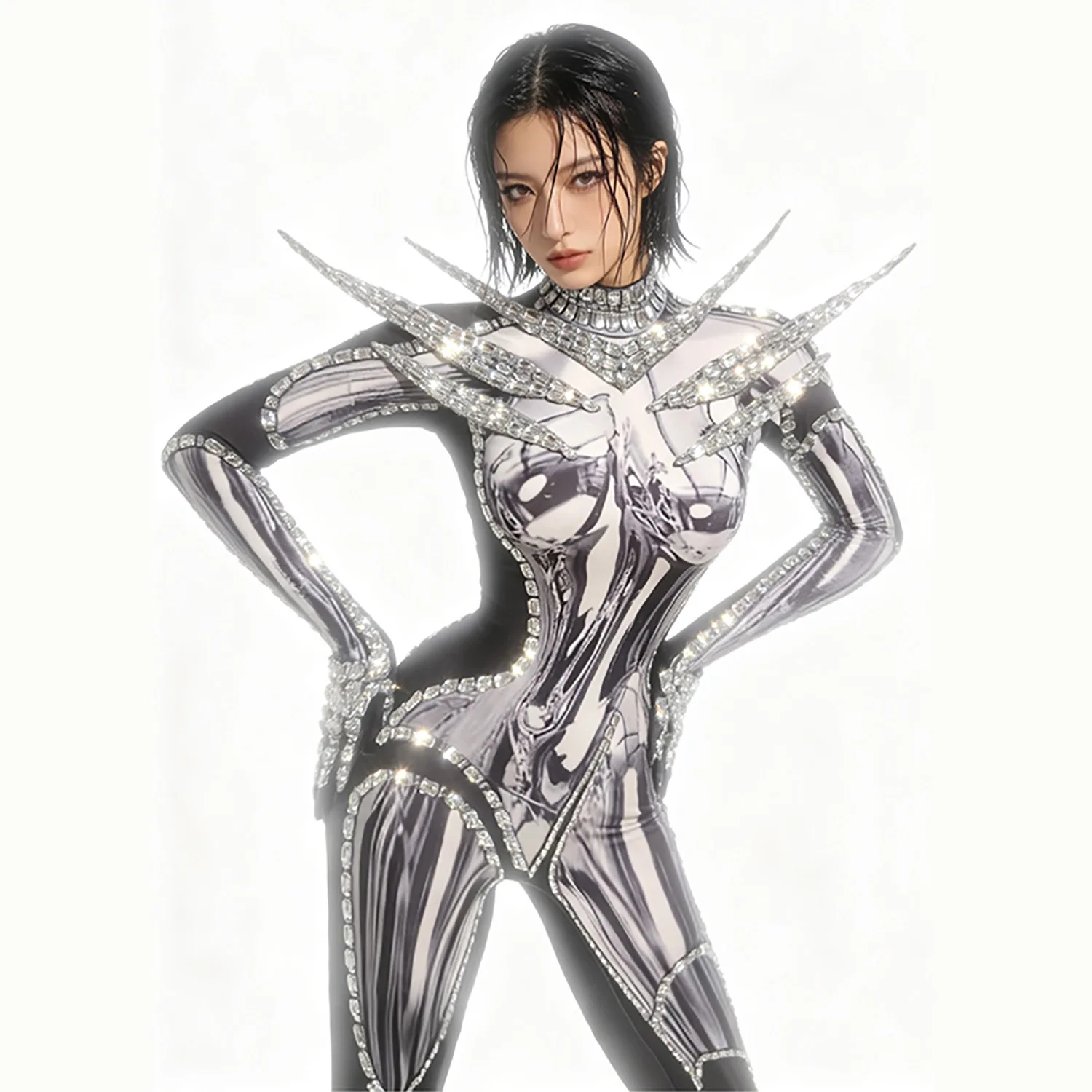 Halloween Party Cosplay Costume Silver Metallic Printed Rhinestone Trim Catsuit Women  Stage Performance Singer Dance Jumpsuit