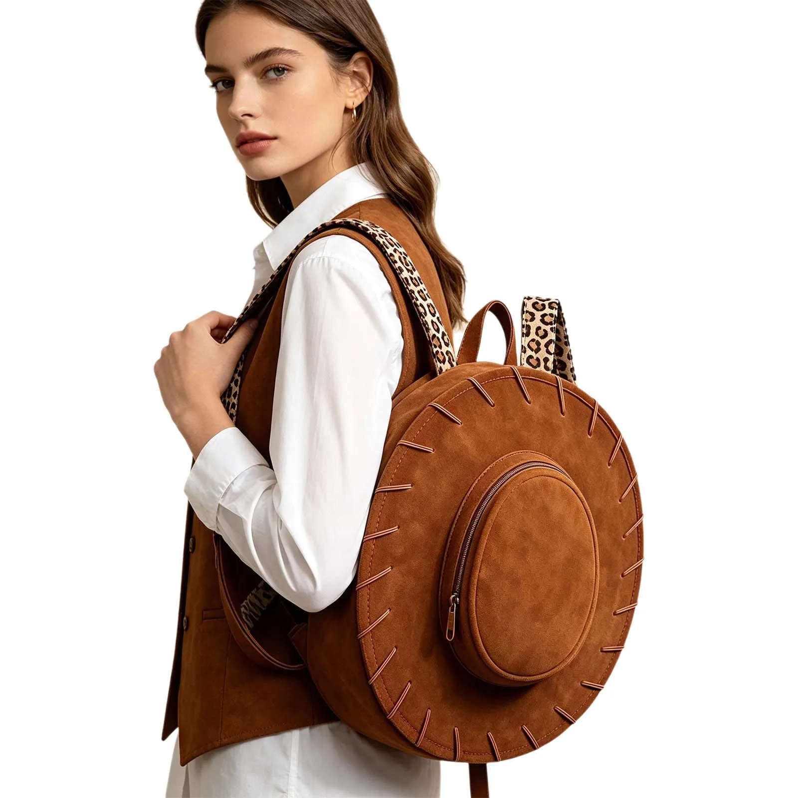 Women Western Cowgirl Hat Adjustable Leopard Print Shoulder Straps Bag Shaped Backpack Casual Daily Life Halloween Cosplay