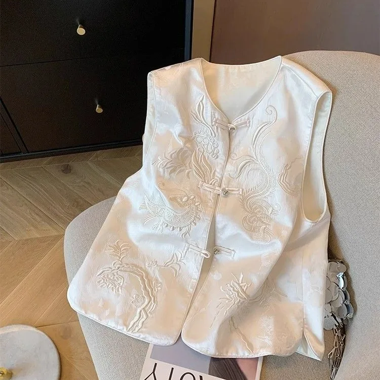 

White Satin Embroidered Acetate Vest Women's 2025 Spring New Sle Chinese National High-end Manner ort Length Button up