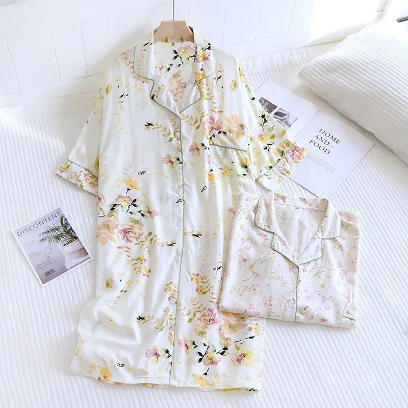 Cotton Short Sleeved Lapel Cardigan Spring Summer Loose Home Dress Casual Women Nightgowns New Printed Ladies Nightshirt