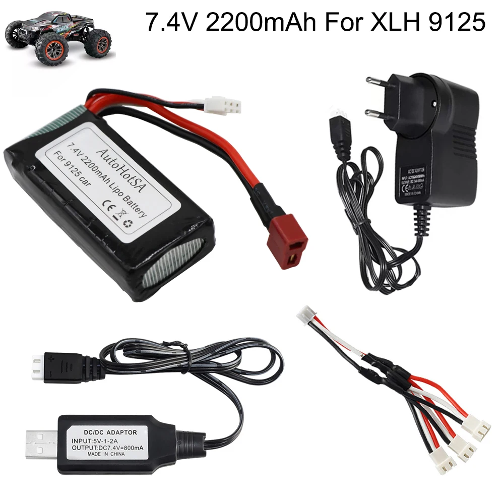 

For 9125 Remote Control Rc Car Spare Parts 7.4V 2200mah Lipo Battery T Plug XLH 9125 Battery with Charger RC Toys accessories