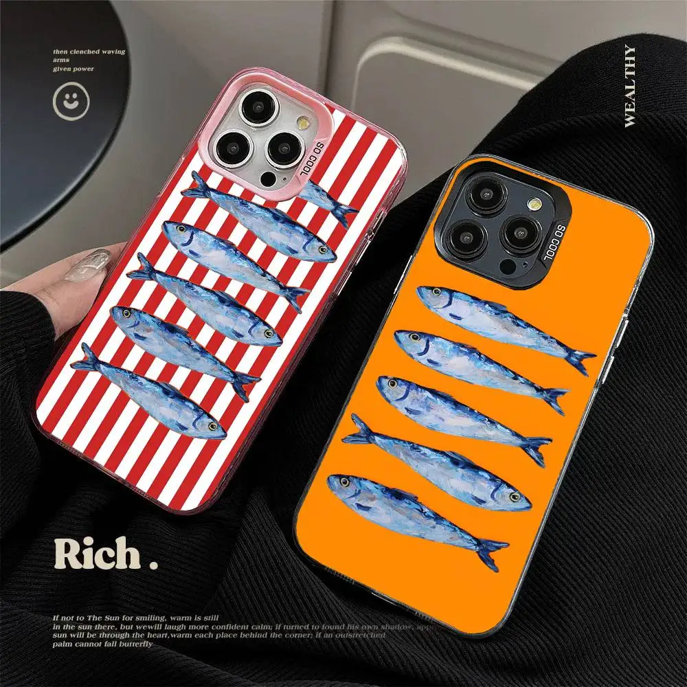 1PC Fisch Lustige Sardinen Telefon Fall Für IPhone 17 Air 16 15 14 13 12 11 Pro Max Plus Farbe stoßfest Zurück Silber Cove