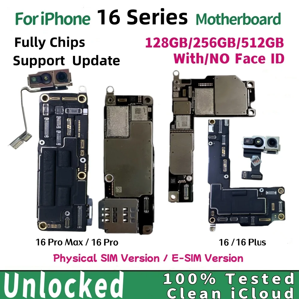 

Unlocked Motherboard For iPhone 16 Plus/Pro/ Pro Max With Face ID Motherboard Support Update Logic Board Clean iCloud e-SIM/SIM