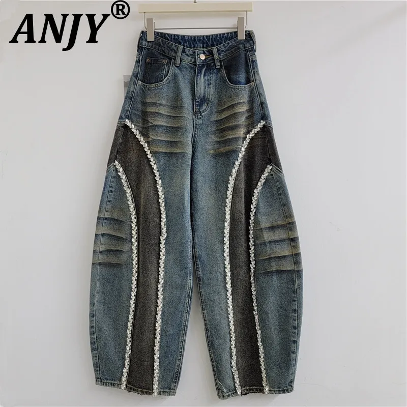ANJY Spring Autumn New Women Heavy Diamonds Design High Street Fashion Jeans Versatile Color-blocked Wide Leg Denim Pants A28215