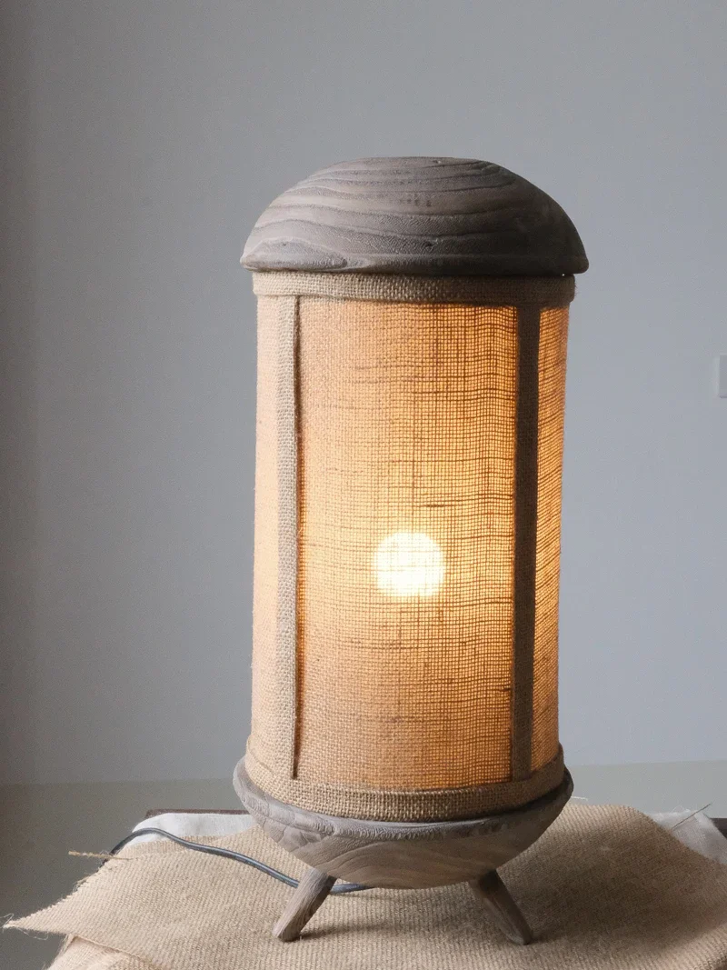 Wabi sabi wood table lamp Handmade hemp rope Linen Lamp Art Homestay Hotel Soft Japanese vintage Pastoral beside mood lamp