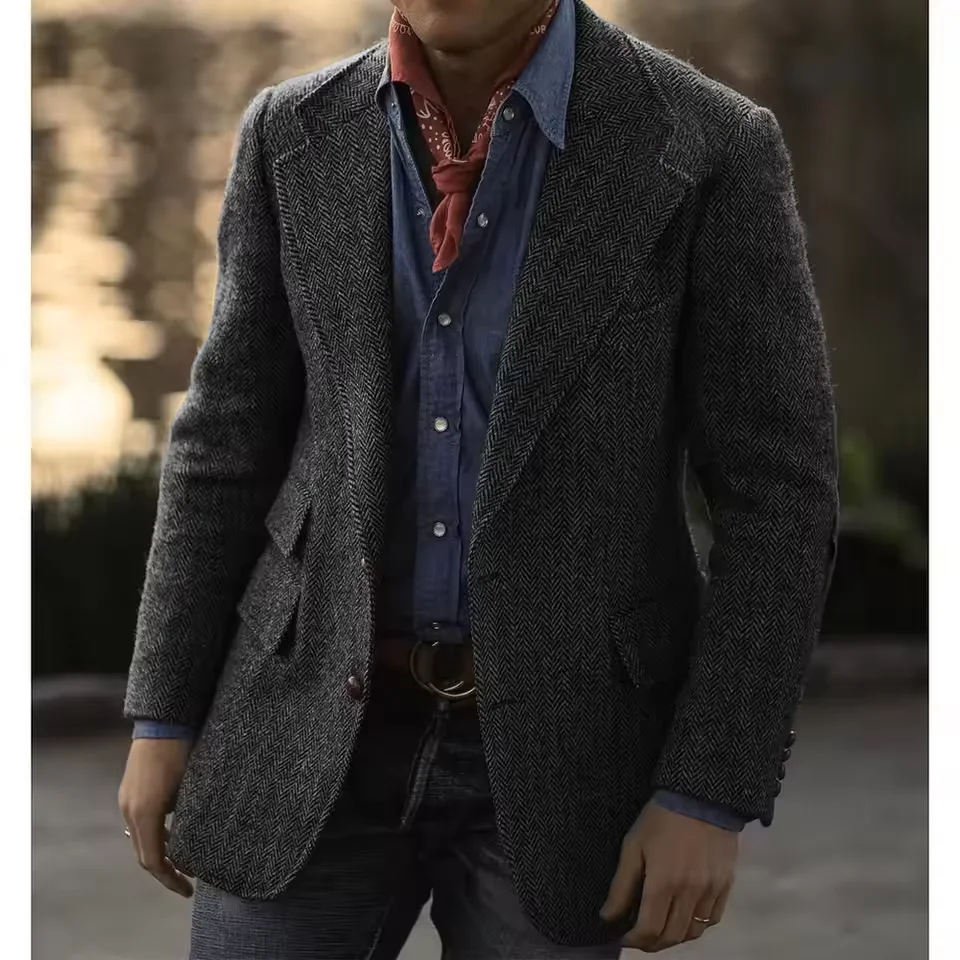 British Style Men's Herringbone Blazer Pants Fashion Vintage Business Suits Jacket Trousers Autumn Winter Thicken Casual Coats