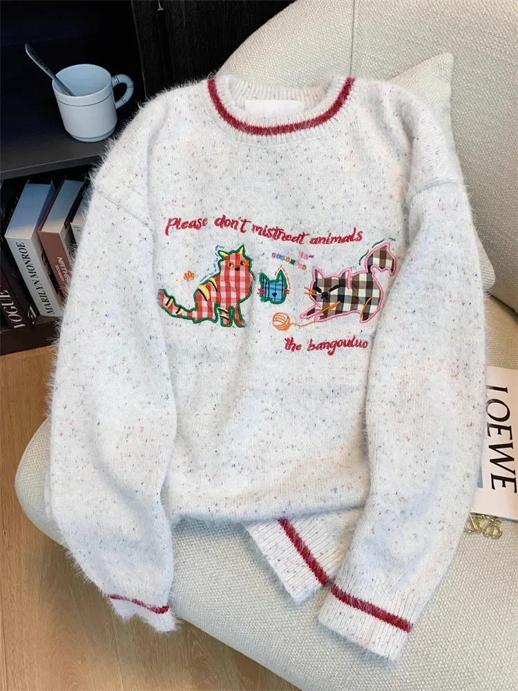 

Женские осенне-весенние топы, свитер с рукавами, круглым вырезом, вязаная вышивка, длинный рукав, ретро, простые, удобные, мягкие, нишевые, универсальные