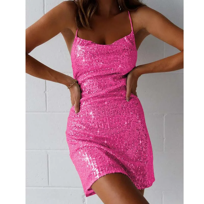 

Sequined Evening Party Sparkle 2024 Sexy Women Outwear Spaghetti Strap Mini Dresses Slash Neck Club Lady Backless Sundress