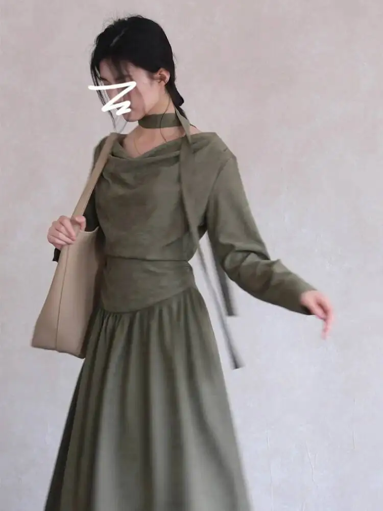 

Women's long sleeve dress 2025 Autumn New Green Dress Elegant Long Sleeve Maxi Dress with Simple Luxury Vibe