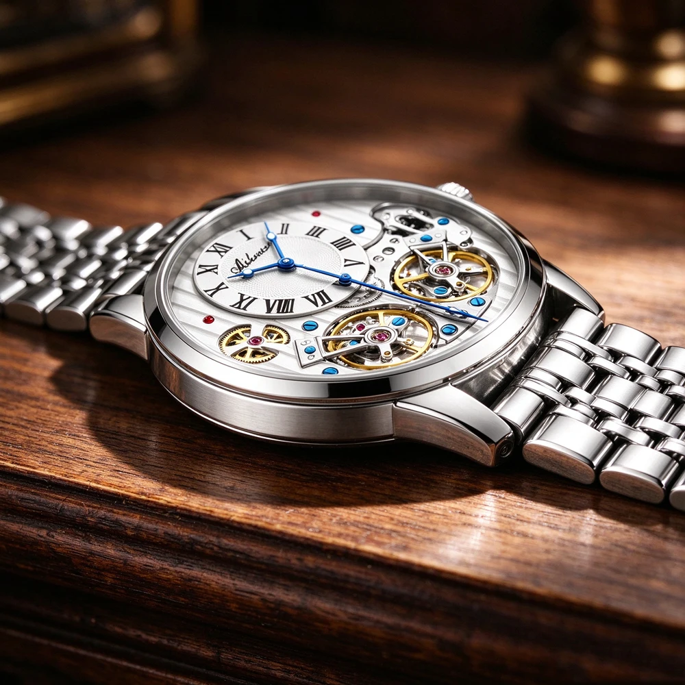 Men Automatic Mechanical Watch Roman Numeral Stainless Steel Band Luxury Wristwatch for Male Super Cool Double Tourbillon