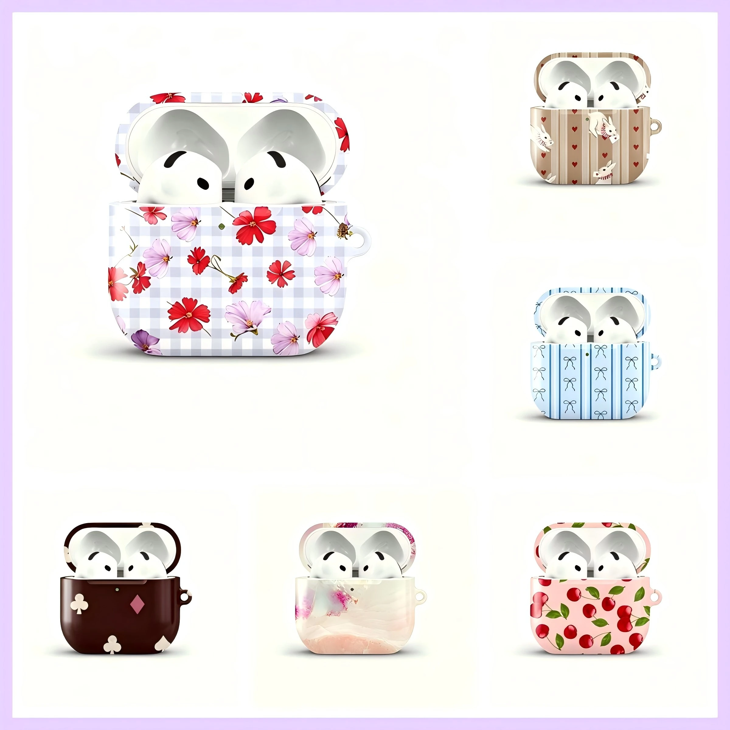 Capa Protetora Rígida HD Brilhante Floral Xadrez Gingham à Prova de Choque para AirPods 1 2 3 Pro Pro2 com Gancho de Metal