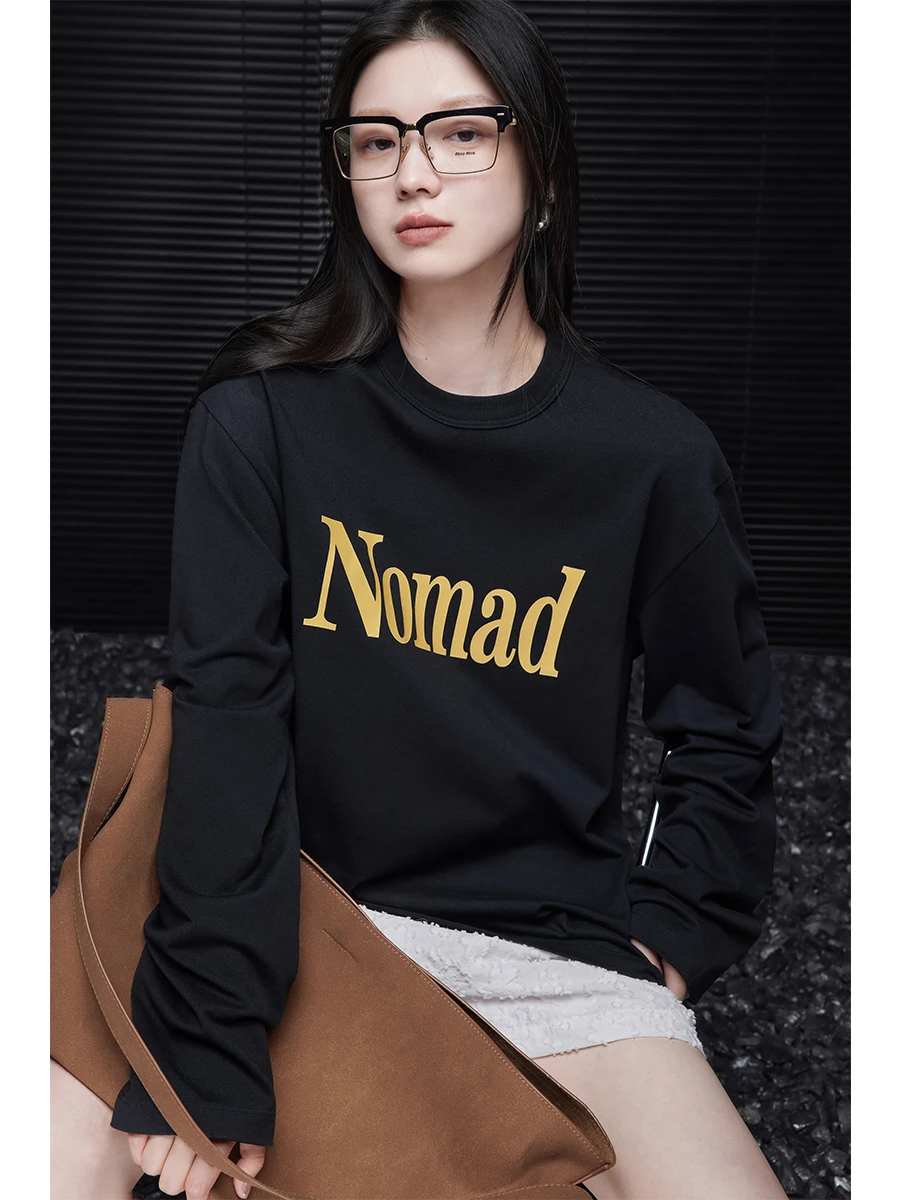 

Женская футболка Bla Long Sve Letter T-shirt в американском ретро-стиле, уличная одежда, свободный крой, хлопок, круглый вырез, с принтом, для осени