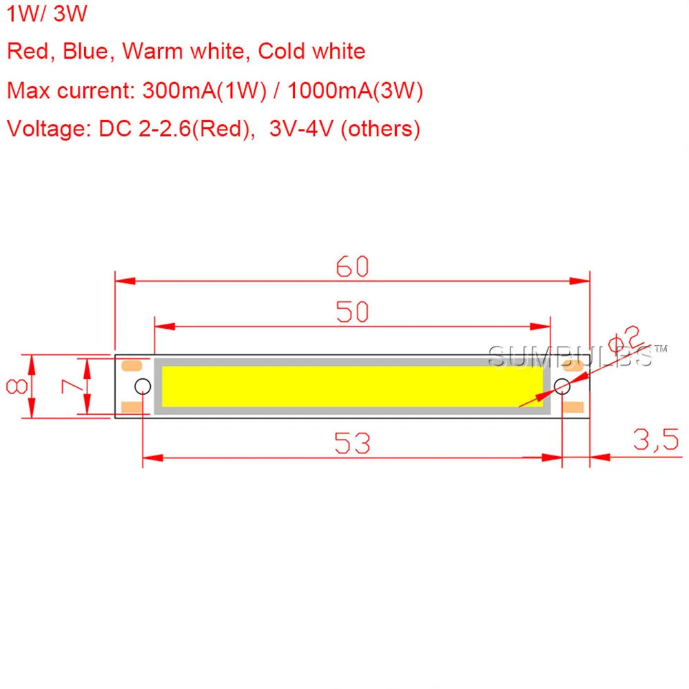 60x8mm 2V 3V LED Bulb COB Strip 3.7V Chip On Board 1W 3W LED Lights COB Work Lamp Warm Cold White Blue Red Color