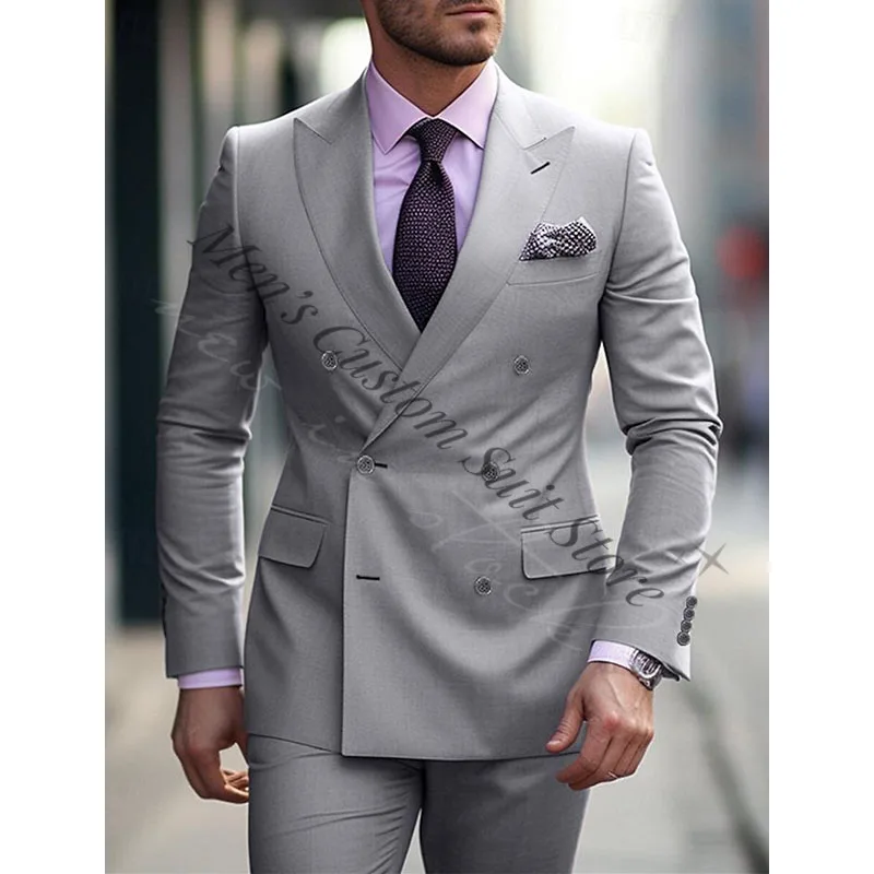 

Casual Street Grey Men's Suits Solid Color 2 Pieces Set Daily Business Tailored Fit Double Breasted Six-buttons Man Prom Blazers