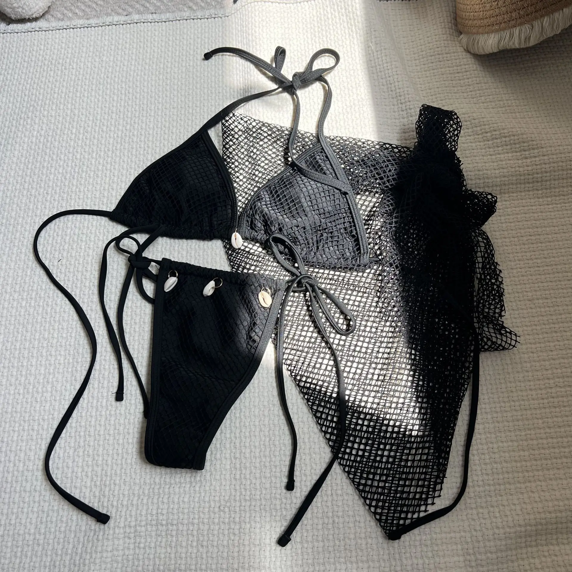 Sexy plaine maille bikinis ensembles 3 pièces avec maille couverture jupe coquille pendentif maillots de bain maillot de bain tenues de plage biquini tankini