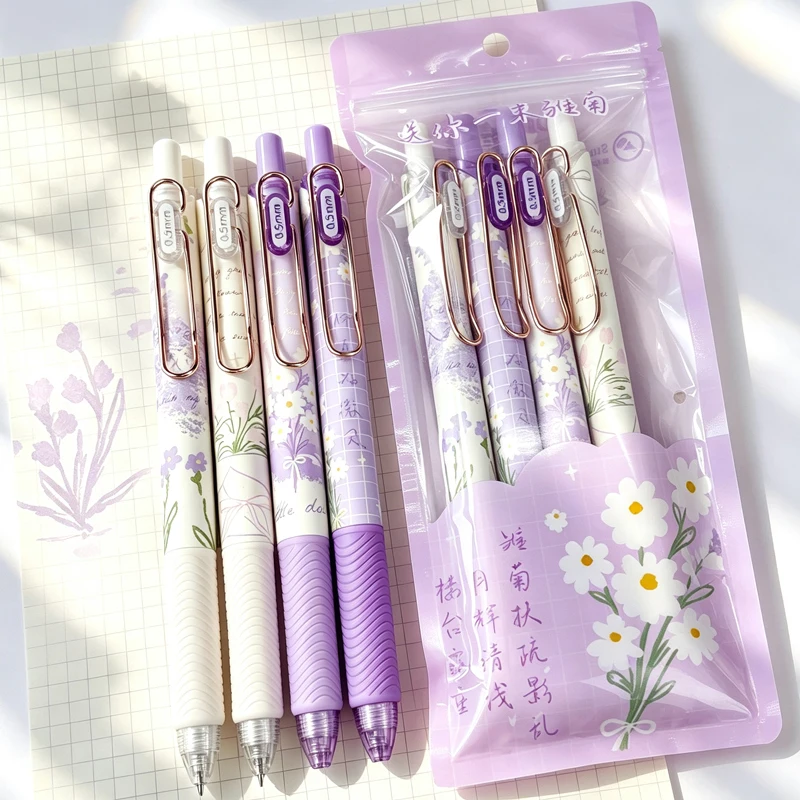 4pcs Cute Floral Gel Pen, Retractable Gel Pen, 0.5mm Quick-Drying Black Ink Pen Cute Pen, Fine Point Pen, Smooth Writing Pen