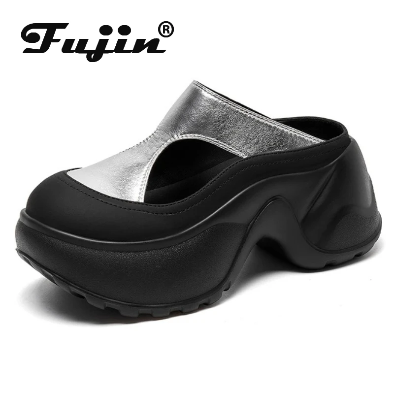 

Fujin 8cm PU Synthetic Microfiber Leather Sandals Slipper Slip on Flats Chunky Sneakers Slippers Platform Wedge Women Shoes