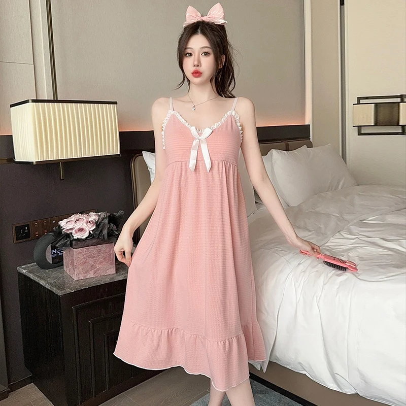 2024 Summer Sexy Lingerie Spaghetti Strap Cotton Nightgowns for Women Cute Lace Bow Sleepwear Night Dress Nightdress Home Nighty