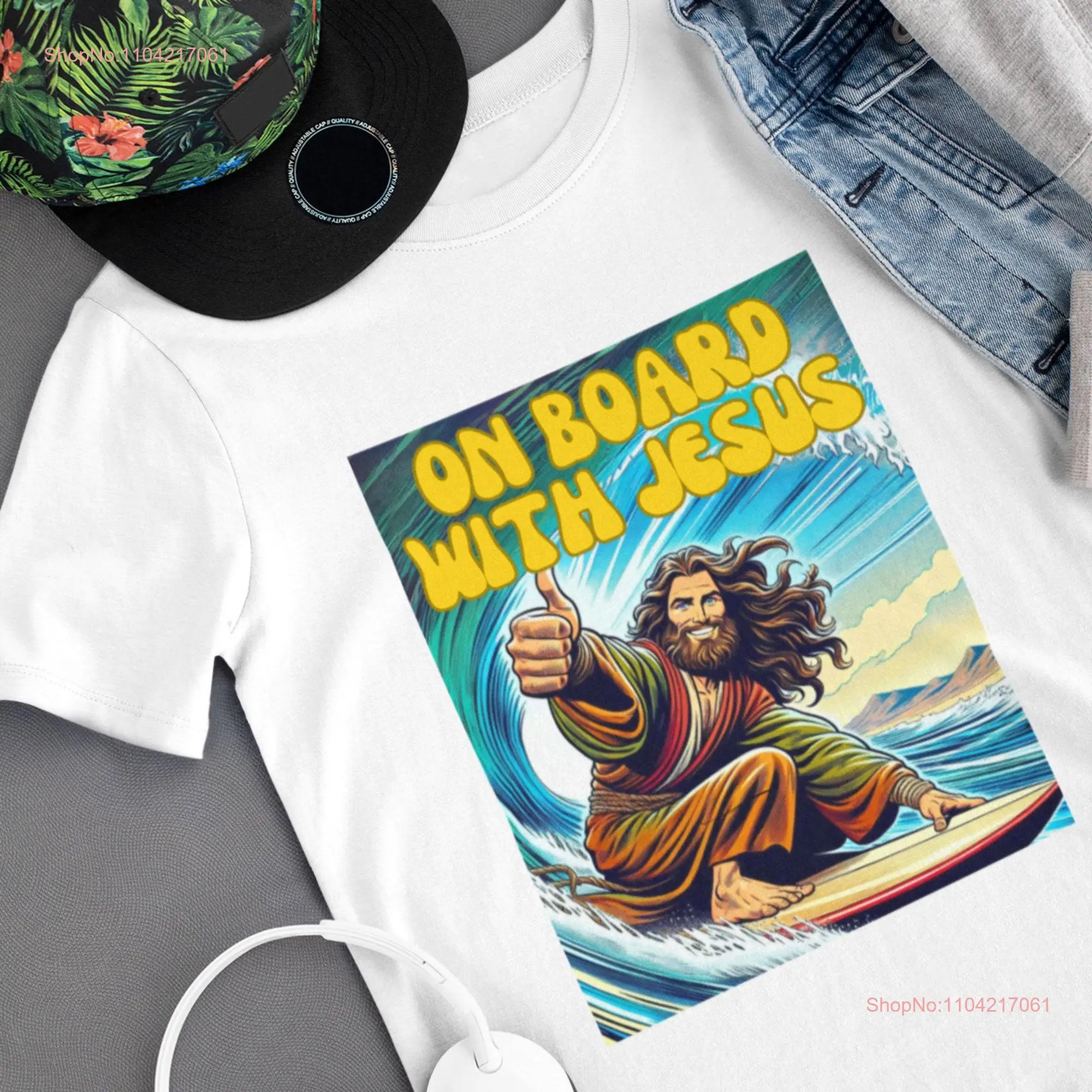 Surfing Jesus Christian Beach T Shirt Funny Church Ministry VBS AWANA Bible School Island Vibes Christ Surfin' Waves Vacation