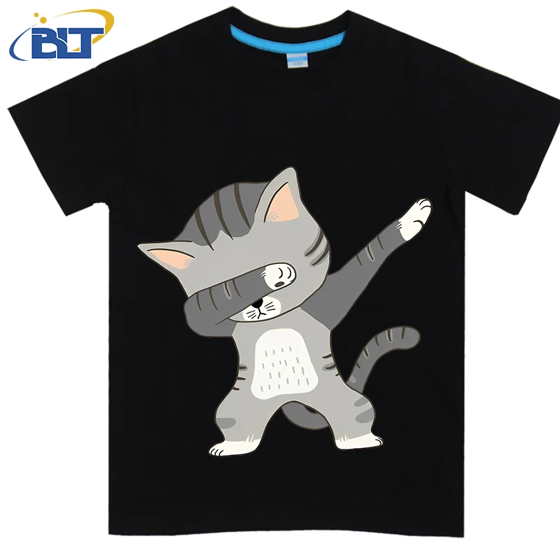 Dabbing Cat Printed Kids T-shirt Summer Cotton Short Sleeve Casual Tops Suitable for Boys and Girls