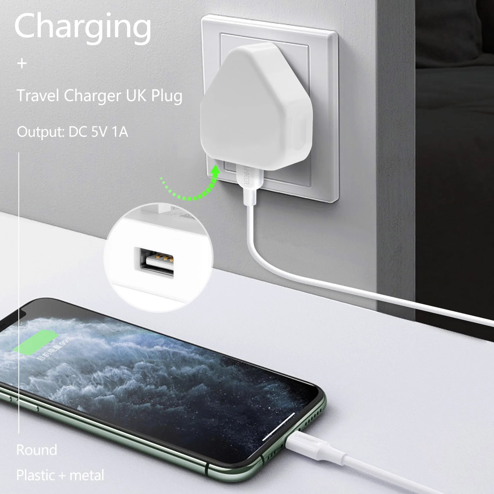 Adaptor Charger Dinding 3 Pin colokan Usb Universal, Charger Dinding 3 Pin dengan Port Usb, Charger perjalanan, pengisian untuk ponsel (1 Port)