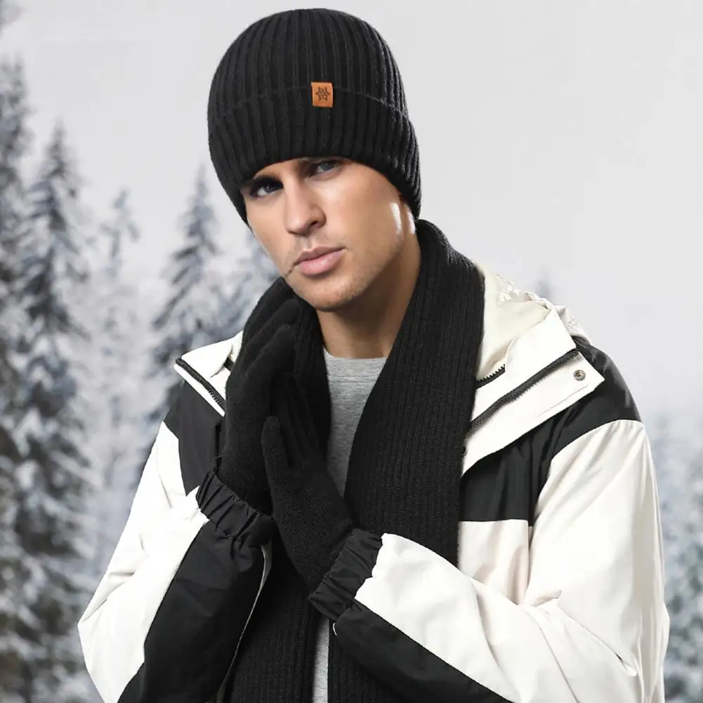 Sub-zero Temperature Gloves Set 3pcs Men Winter Hat Scarf Gloves Set with Plush Ball Touchscreen Ski Gloves Weather Protection