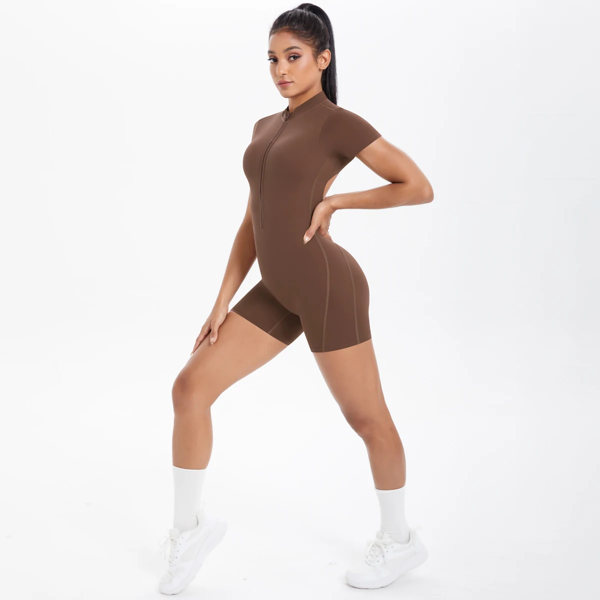 Ausgehöhlter, rückenfreier, kurzärmliger Reißverschluss-Overall für Damen, Overall, Yoga-Anzug, einteilige Legging, kurze Push-Up-Gymnastik-Yoga-Kleidung – Detail 22