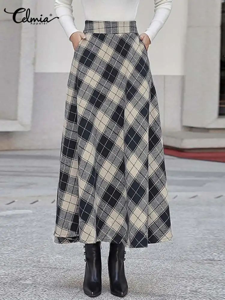 

Celmia 2024 Autumn Elegant A-line Check Long Skirts Women Fashion High Waist Maxi Skirts Casual Loose Plaid Pockets Jupes Femme