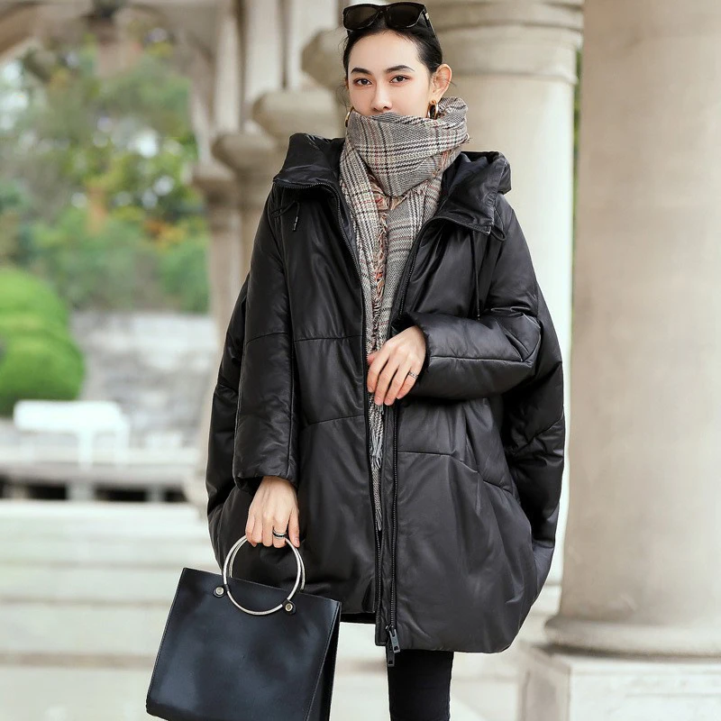 Women's Sheepskin Leather Goose Down Coat Parka Mid-Length Hooded Oversized Winter Casual Warm Thick Puffer Jacket Outerwear